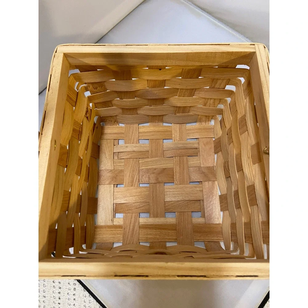 Woven Wood Basket Unisex OS Tan Square Splint Swing Handle Decor Farmhouse